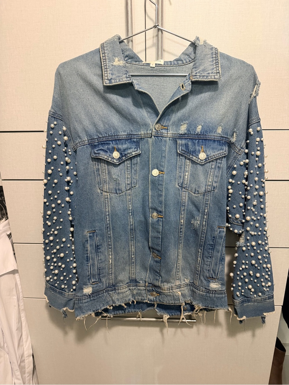 Sunset + Spring, Pearl-Embellished Distressed Denim Jacket, Oversized, Trendy, S